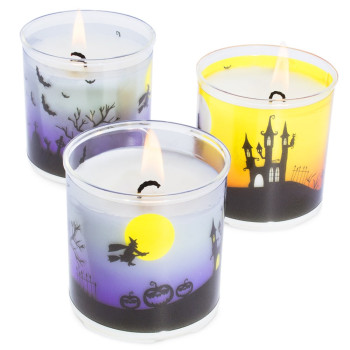 Halloweenske nálepky na výrobu sviečok na polykarbonátových pohároch.